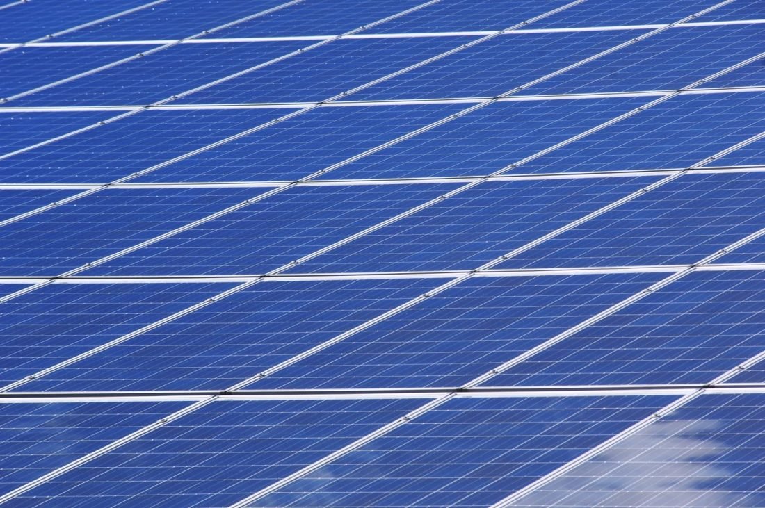 Close view of a large solar panel array